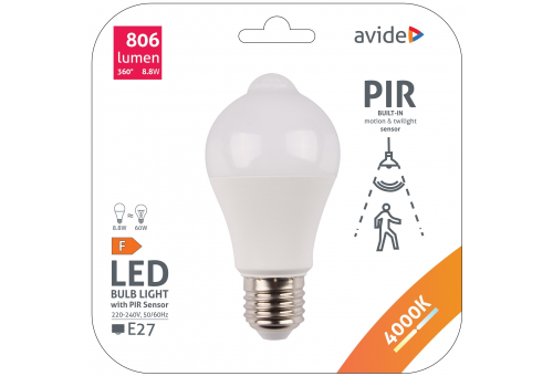 Bec LED Smart Globe A60 8.8W NW cu senzor de mișcare PIR Avide